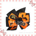 Kids Yellow Grosgrain Ribbon Printed Pumpkin Bat Bow Hair Clip For Halloween